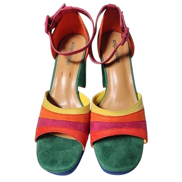 Unique Vintage Rainbow Suede Peep Toe Platforms Size EU39 US8 - Picture 3 of 8
